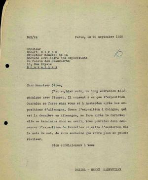 Carta de Daniel-Henry Kahnweiler a Robert Giron