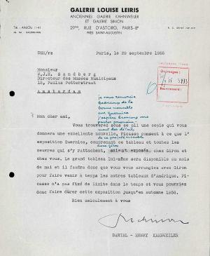 Carta de Daniel-Henry Kahnweiler a Willem Sandberg