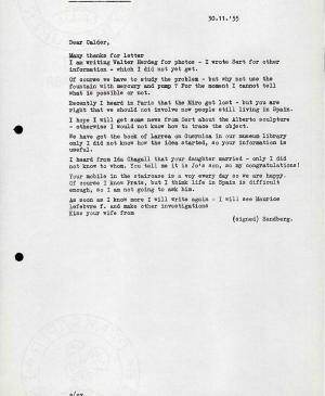 Carta de Willem Sandberg a Alexander Calder del 30 de noviembre de 1955
