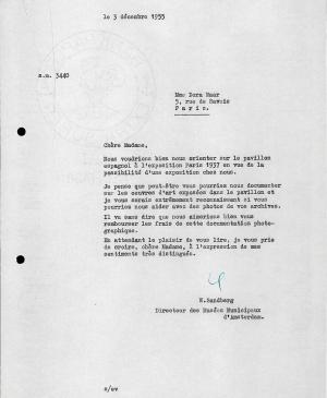 Carta de Willem Sandberg a Dora Maar del 3 de diciembre de 1955