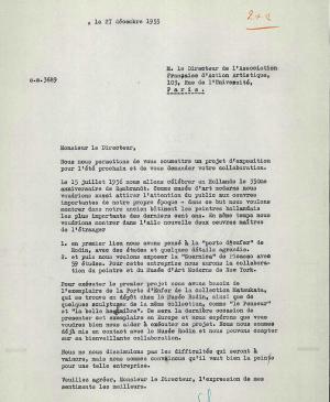 Carta de Willem Sandberg a l'Association Française d'Action Artistique