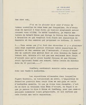  Carta de Daniel-Henry Kahnweiler a Pablo Picasso de 1955