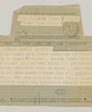 Alfred Hentzen's telegram to Pablo Picasso