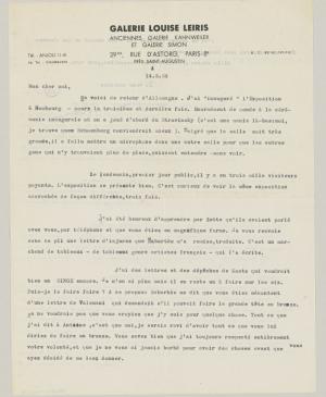 Daniel-Henry Kahnweiler's letter to Pablo Picasso, dated 14 March 1956