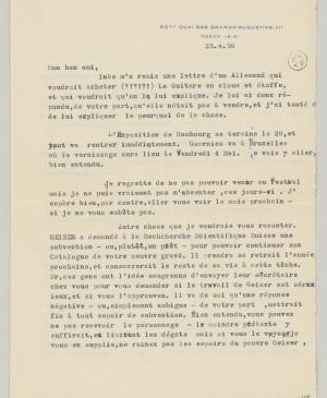Carta de Daniel-Henry Kahnweiler a Pablo Picasso del 25 de abril de 1956