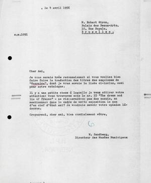 Carta de Willem Sandberg a Robert Giron del 4 de abril de 1956
