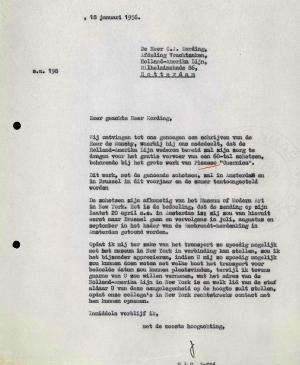 Carta de Hans Ludwig Cohn Jaffé a Holland-Amerika Lijn