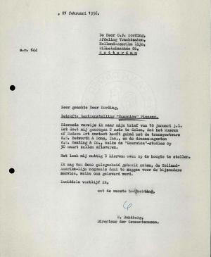 Carta de Willem Sandberg a Holland-Amerika Lijn del 21 de febrero de 1956