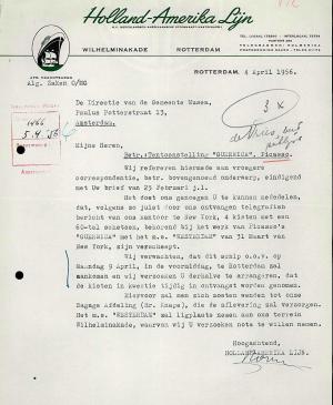 Carta de Holland-Amerika Lijn a Willem Sandberg del 4 de abril de 1956