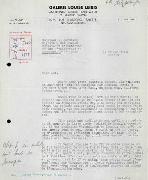 Carta de Daniel-Henry Kahnweiler a Willem Sandberg del 22 de mayo de 1956