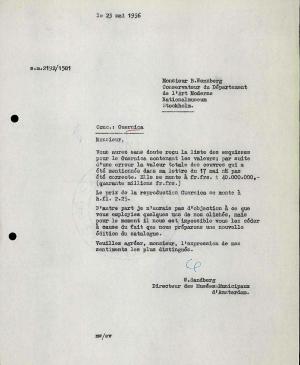 Carta de Willem Sandberg a Bo Wennberg del 23 de mayo de 1956