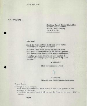 Carta de Willem Sandberg a Daniel-Henry Kahnweiler del 23 de mayo de 1956