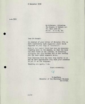 Carta de Willem Sandberg a Bernard Karpel del 6 de diciembre de 1956