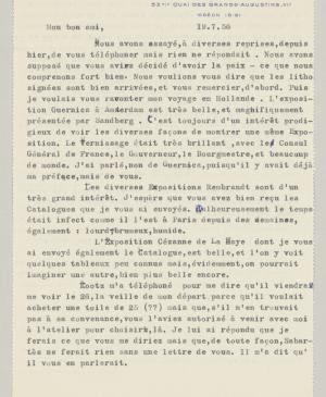 Daniel-Henry Kahnweiler's letter to Pablo Picasso, dated 19 July 1956
