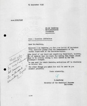 Willem Sandberg's letter to Bo Wennberg, dated 15 September 1956