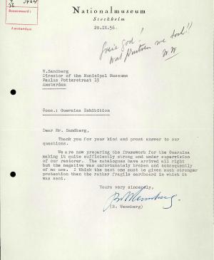 Bo Wennberg's letter to Willem Sandberg, dated 20 September 1956