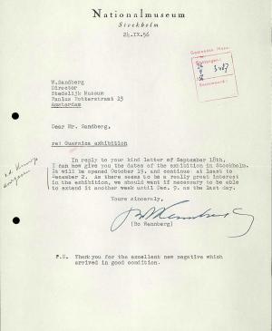 Willem Sandberg's letter to Bo Wennberg, dated 24 September 1956