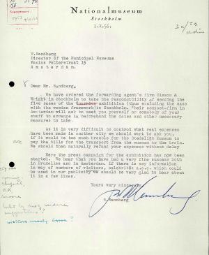 Bo Wennberg's letter to Willem Sandberg, dated 1 October 1956