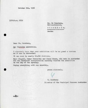 Willem Sandberg's letter to Bo Wennberg, dated 9 October 1956
