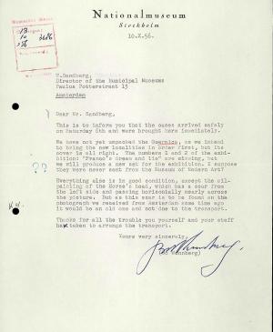 Bo Wennberg's letter to Willem Sandberg, dated 10 October 1956