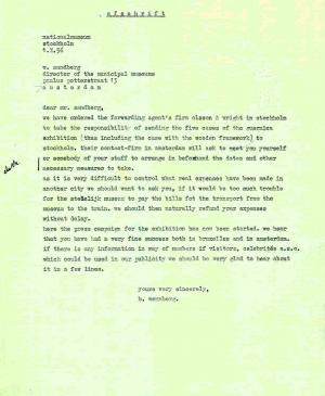 Bo Wennberg's letter to Willem Sandberg, dated 1 October 1956 (copy)