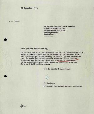 Carta de Willem Sandberg a Holland-Amerika Lijn del 20 de diciembre de 1956