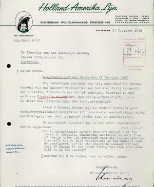 Carta de Holland-Amerika Lijn a Willem Sandberg del 20 de diciembre de 1956