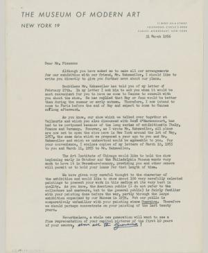 Carta de Alfred H. Barr Jr. a Pablo Picasso del 31 de marzo de 1956