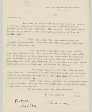 Carta de Daniel-Henry Kahnweiler a Pablo Picasso del 17 de mayo de 1956