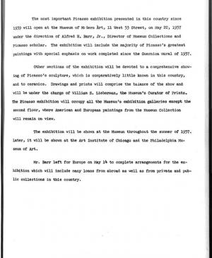 Nota de prensa sobre las fechas de la exposición Picasso: 75th Anniversary Exhibition