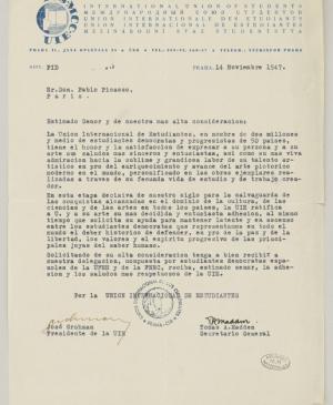 Carta de Le Groupment des Anciens Etudiantes de l'Université et des Écoles Supérieures de Budapest, etudiant de France a Pablo Picasso