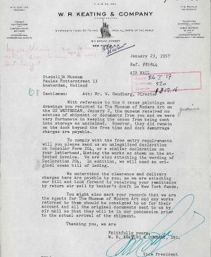 Carta del vicepresidente del W. R. Keating & Company a Willem Sandberg
