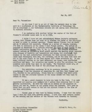 Carta de Alfred H. Barr a Daniel-Henry Kahnweiler del 30 de mayo de 1957