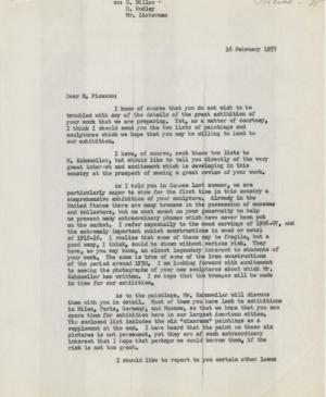 Carta de Alfred H. Barr Jr. a Pablo Picasso del 16 de febrero de 1957