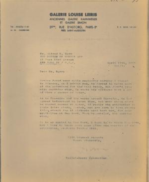 A telegram from Daniel-Henry Kahnweiler to Alfred H. Barr Jr.