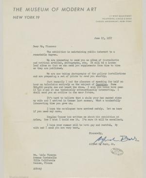 Alfred H. Barr Jr.'s letter Pablo Picasso, dated 17 June 1957