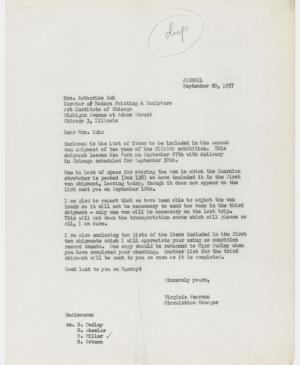 Carta de Virginia Pearson a Katherine Kuh del 20 de septiembre de 1957