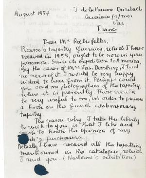 Carta de Jacqueline de la Baume Dürrbach a Nelson Rockefeller