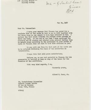 Carta de Alfred H. Barr Jr. a Daniel-Henry Kahnweiler del 30 de mayo de 1957