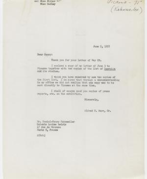 Carta de Alfred H. Barr Jr. a Daniel-Henry Kahnweiler del 5 de junio de 1957