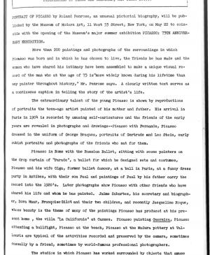 Nota de prensa sobre la publicación de Portrait of Picasso, de Roland Penrose