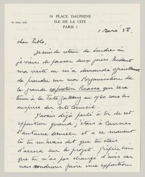 Carta de Roland Penrose a Pablo Picasso del 1 de marzo de 1958