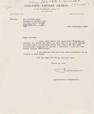 Carta de Daniel-Henry Kahnweiler a Alfred H. Barr Jr. del 27 de febrero de 1958