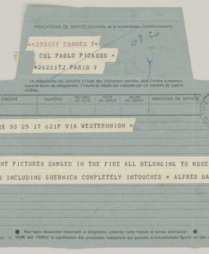 Telegrama de Alfred H. Barr Jr. a Pablo Picasso del 18 de abril de 1958