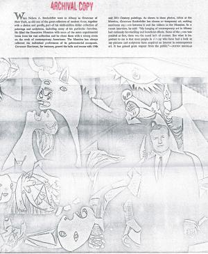 Recorte de prensa con fotografía del tapiz de Guernica y Nelson Rockefeller y texto sobre su colección