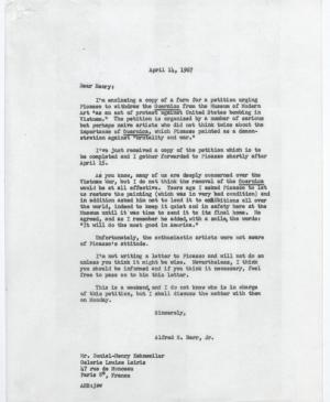 Alfred H. Barr Jr.'s letter to Daniel-Henry Kahnweiler, dated 14 April 1967