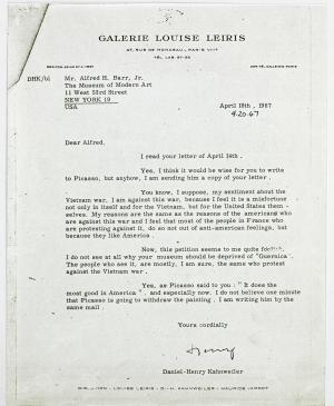 Daniel-Henry Kahnweiler's letter to Alfred H. Barr Jr., Paris, April 20, 1967