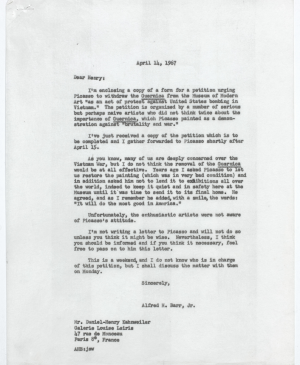 Carta de Alfred H. Barr Jr. a Daniel-Henry Kahnweiler, Nueva York, 14 de abril, 1967