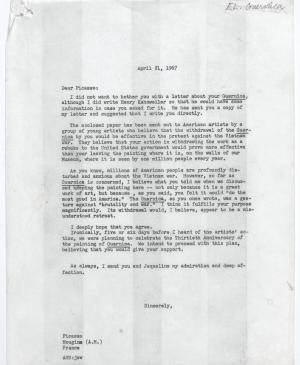 Carta de Alfred H. Barr Jr. a Pablo Picasso, Nueva York, 21 de abril, 1967