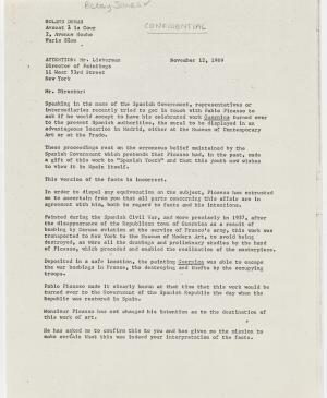 Carta de Roland Dumas a William S. Lieberman del 12 de noviembre de 1969